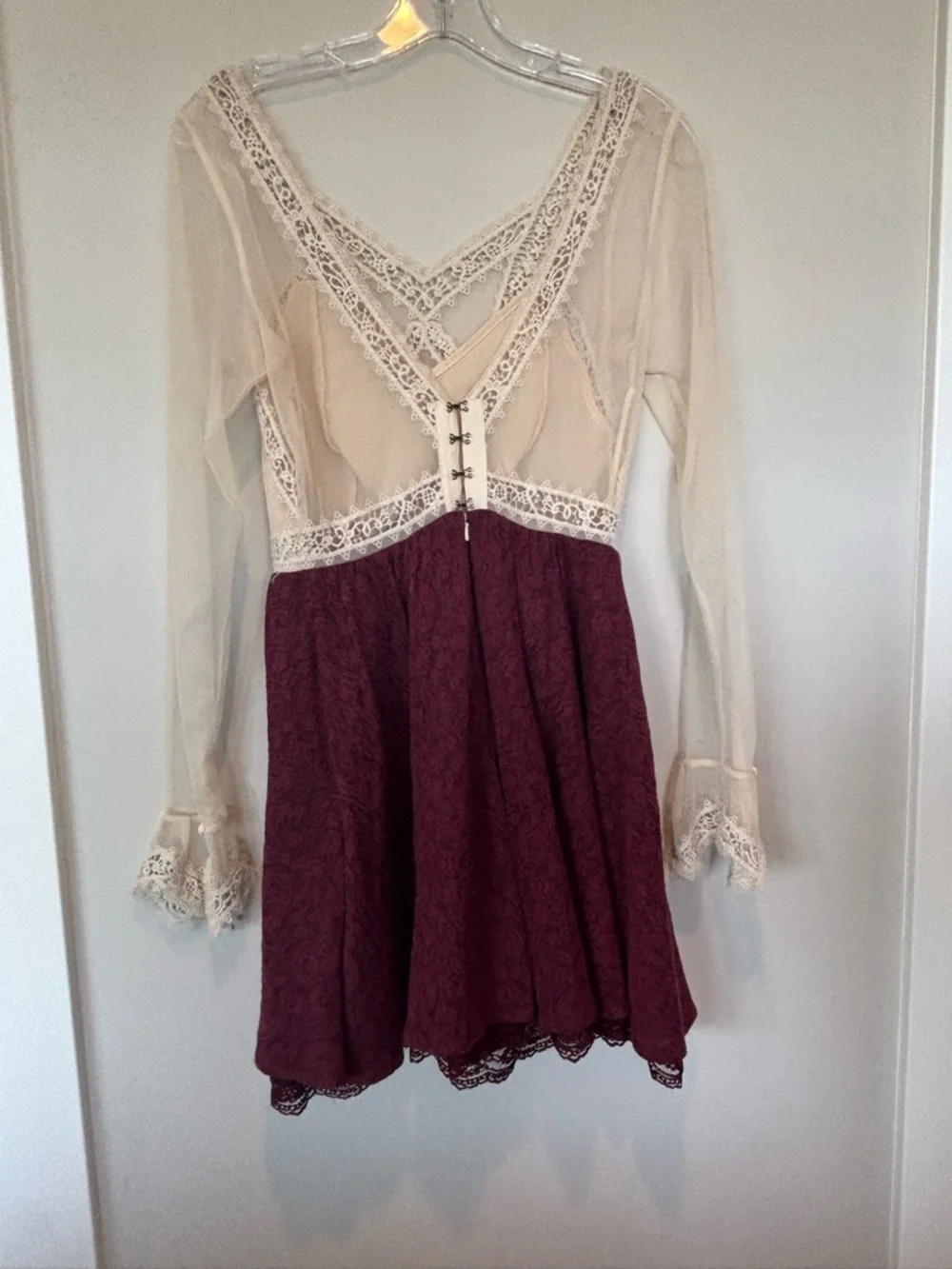 Free People Vntg. Lace Bodice Long Sleeve Dress in Cream and Burgundy - Picture 2 of 4